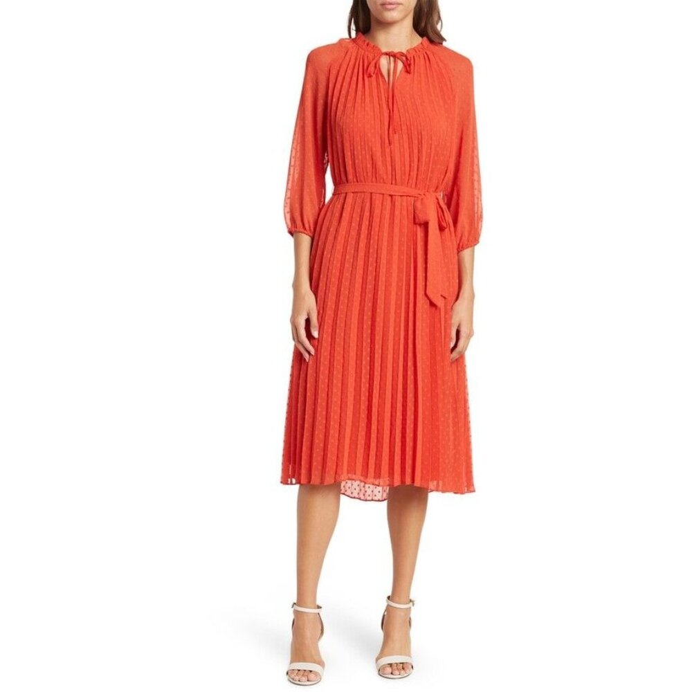Nanette Pleta Cup Split Neck Three Quarter Sleeve Dot Print Dress Orange Size 6